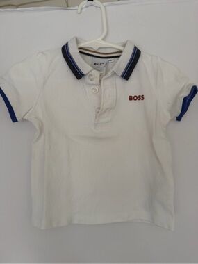 BOSS White Polo with Blue Trim and Red Logo